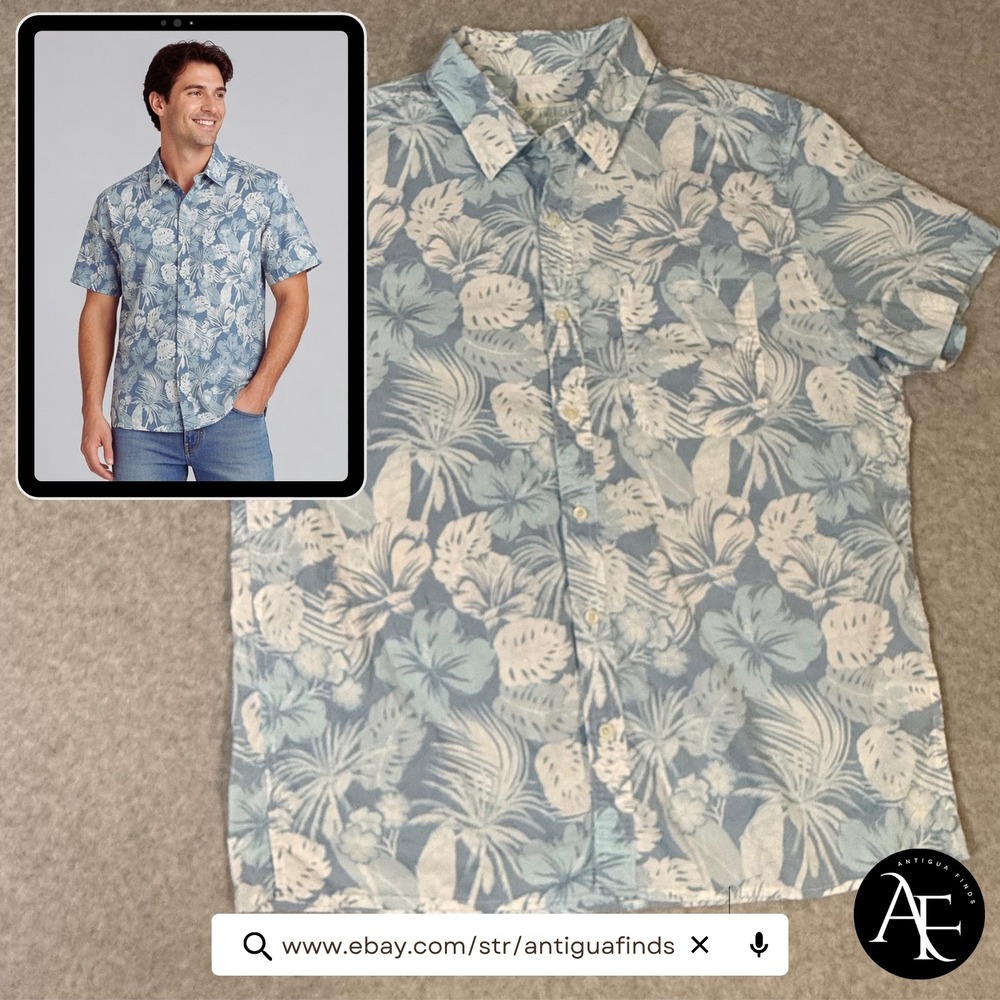 American Eagle Mens Lg Blue White Tropical Floral Short Sleeve Button Down Shirt